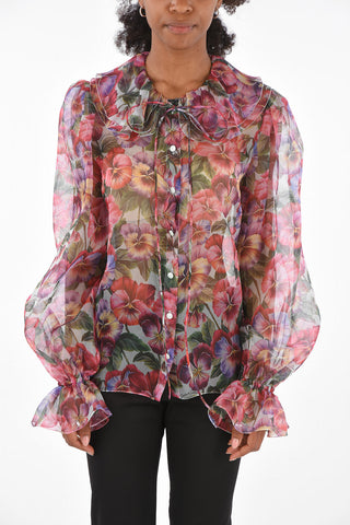 Camicia in Seta Stampata con Collo a Balze 