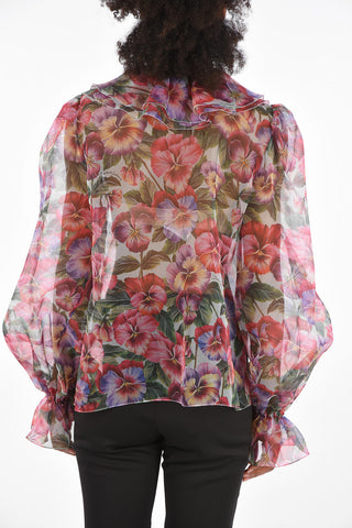 Camicia in Seta Stampata con Collo a Balze 