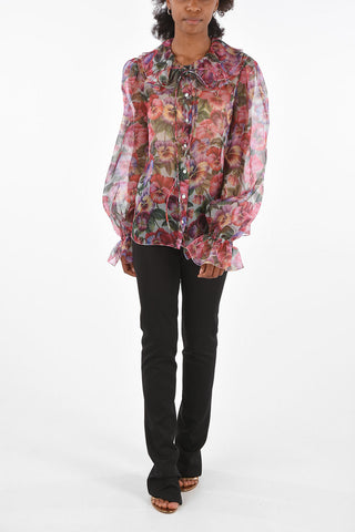 Camicia in Seta Stampata con Collo a Balze 