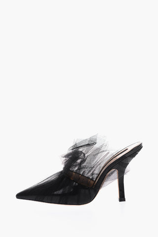 11cm Leather mules with tulle detail
