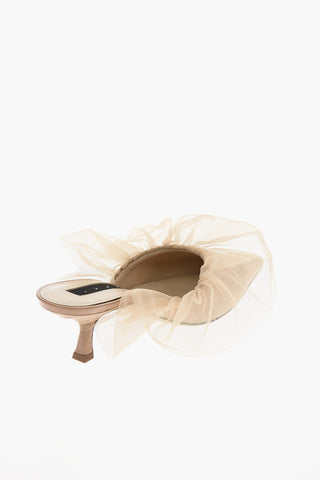 7cm Leather mules with tulle detail
