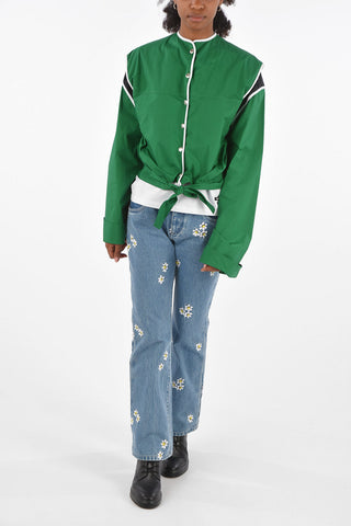 Snap buttons crop outerwear jacket with bow
