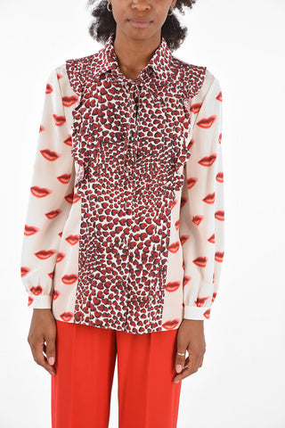 printed mouths and hearts silk tie neck collar blouse