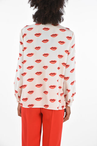 printed mouths and hearts silk tie neck collar blouse