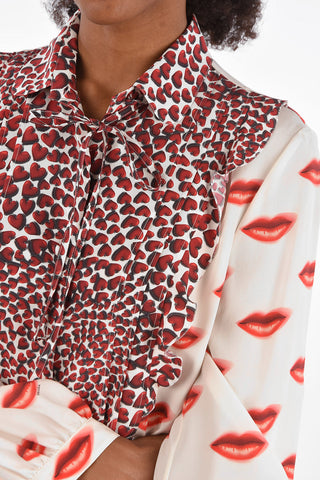 printed mouths and hearts silk tie neck collar blouse