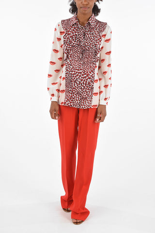 printed mouths and hearts silk tie neck collar blouse