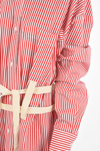 awning striped below knee shirtdress with belt