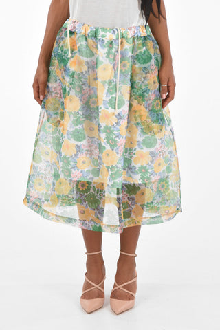 floral-print drawstring waist midi a-line skirt
