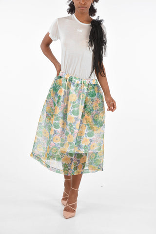 floral-print drawstring waist midi a-line skirt